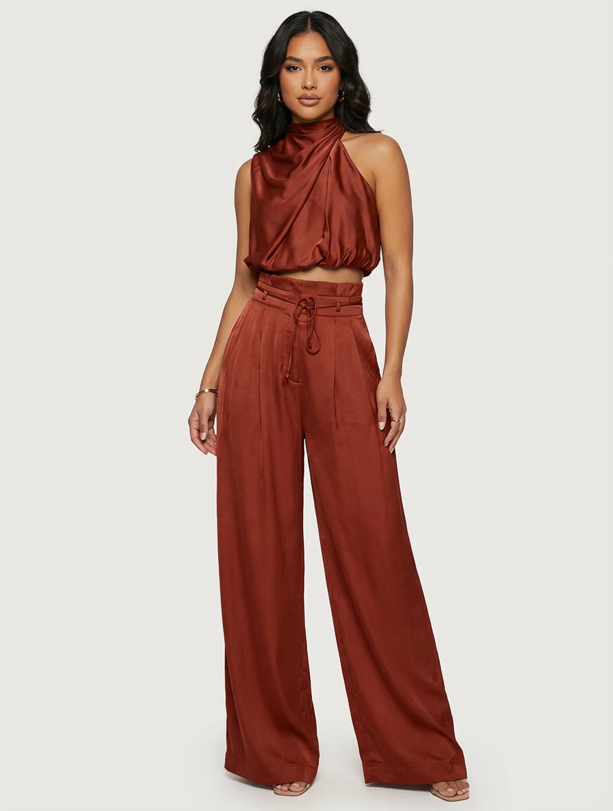 Women's Luxurious Satin Two-Piece Set | Elegant Halter Top and Flowy Wide Trousers 2