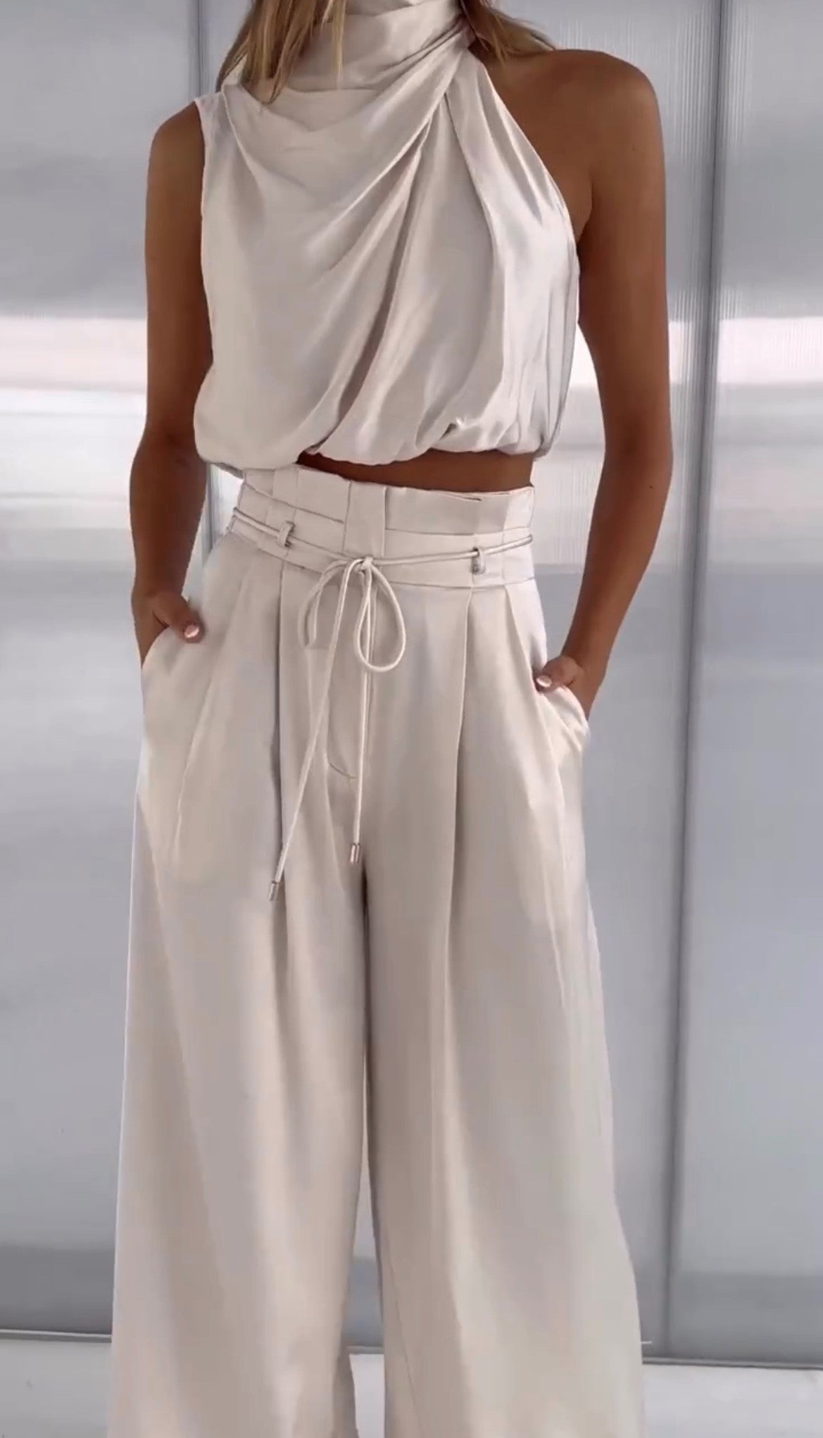 Women's Luxurious Satin Two-Piece Set | Elegant Halter Top and Flowy Wide Trousers 5