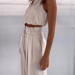 Women's Luxurious Satin Two-Piece Set | Elegant Halter Top and Flowy Wide Trousers 6