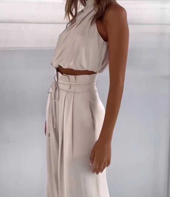 Women's Luxurious Satin Two-Piece Set | Elegant Halter Top and Flowy Wide Trousers 6