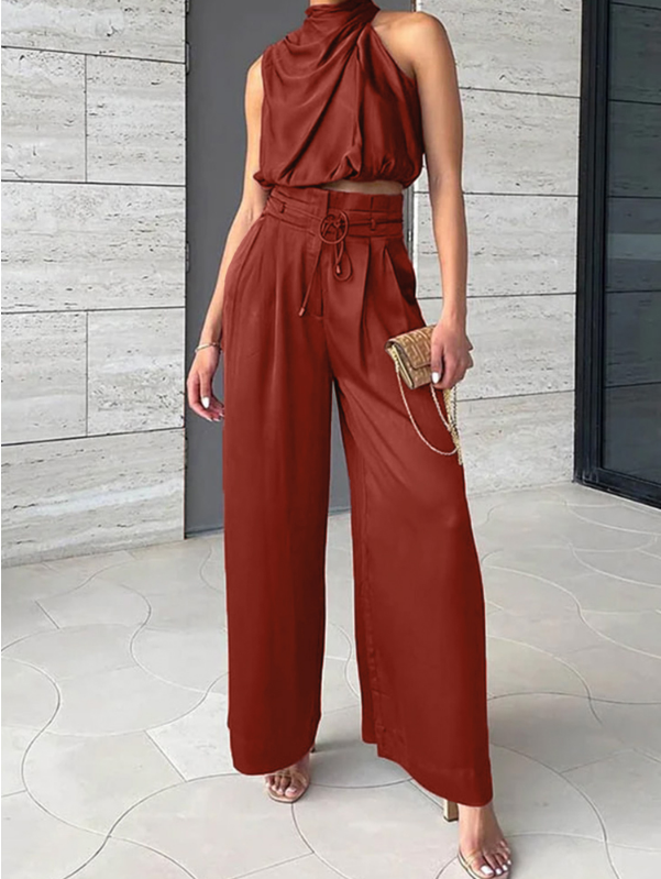 Women's Luxurious Satin Two-Piece Set | Elegant Halter Top and Flowy Wide Trousers 8