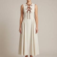 Women's Off White A-Line Maxi Dress | Elegant Bow Tie Detail Summer Formal Dress 0