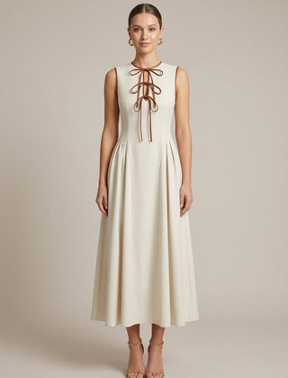 Women's Off White A-Line Maxi Dress | Elegant Bow Tie Detail Summer Formal Dress 0