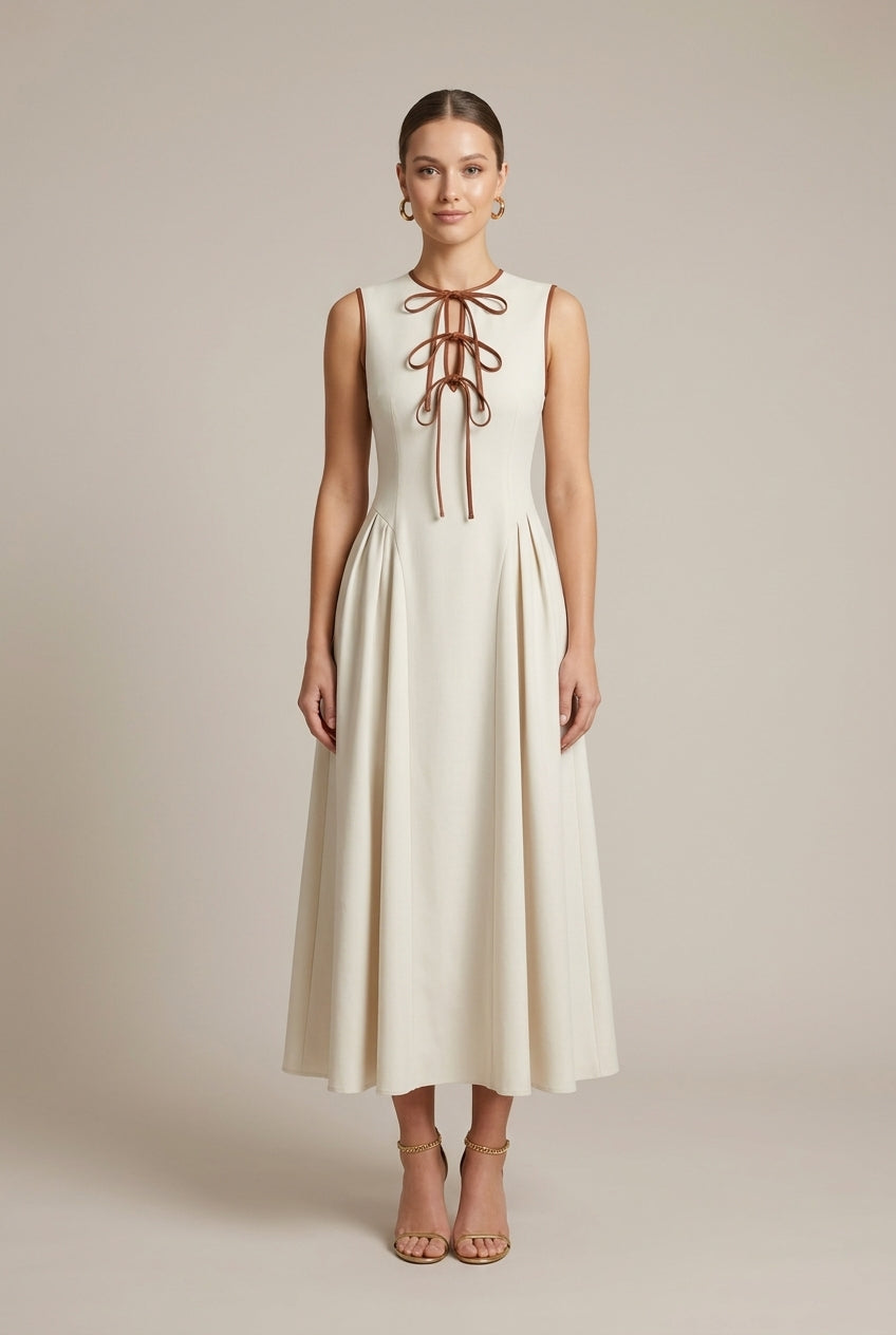 Women's Off White A-Line Maxi Dress | Elegant Bow Tie Detail Summer Formal Dress 0