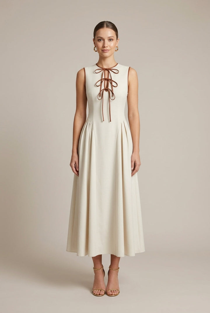 Women's Off White A-Line Maxi Dress | Elegant Bow Tie Detail Summer Formal Dress 0