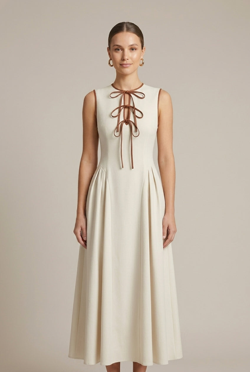 Women's Off White A-Line Maxi Dress | Elegant Bow Tie Detail Summer Formal Dress 3