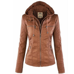 Women's PU Faux Leather Jacket | Stylish Moto Coat with Removable Hood 0