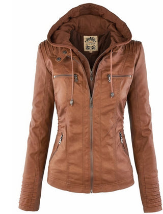 Women's PU Faux Leather Jacket | Stylish Moto Coat with Removable Hood 0
