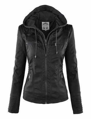 Women's PU Faux Leather Jacket | Stylish Moto Coat with Removable Hood 1