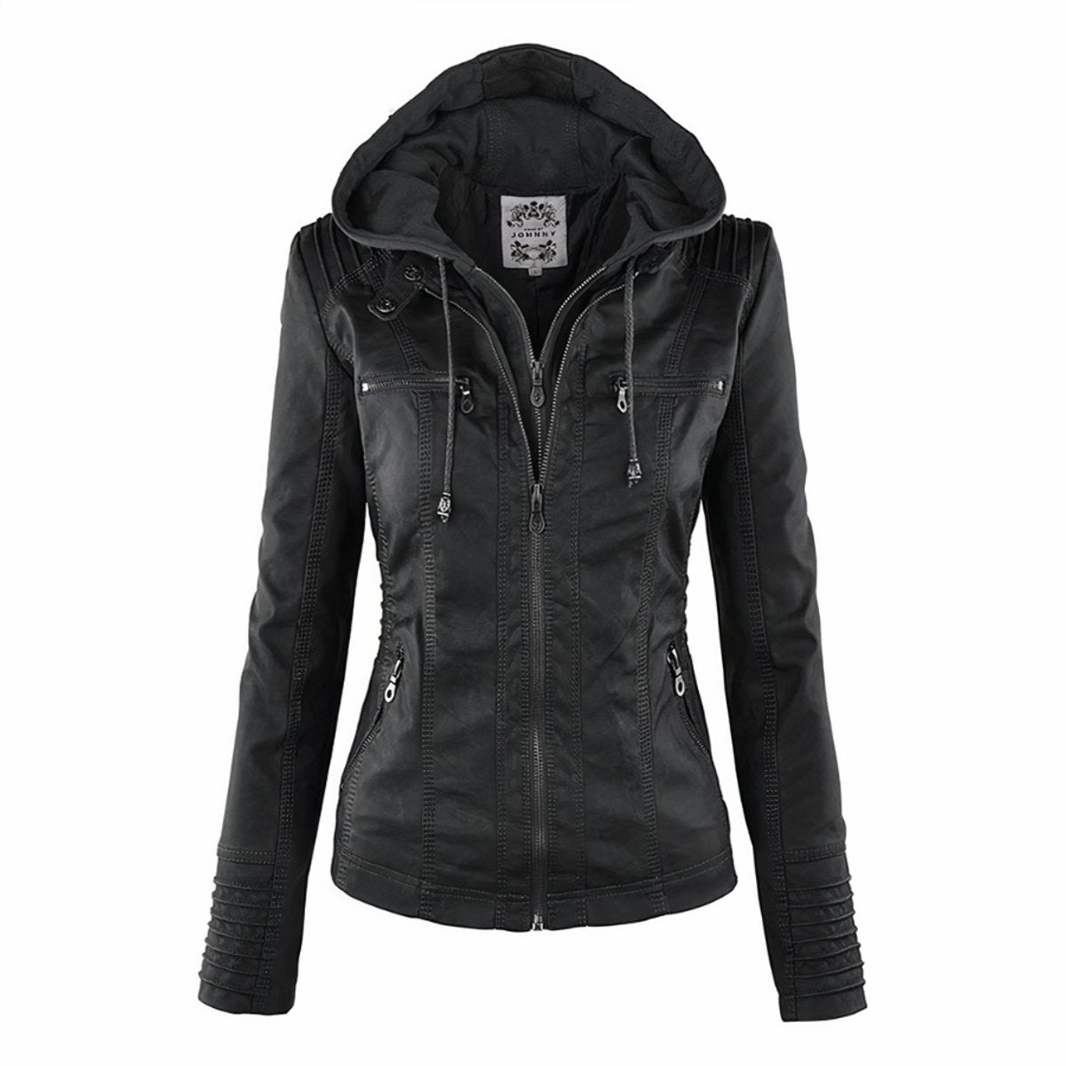 Women's PU Faux Leather Jacket | Stylish Moto Coat with Removable Hood 1