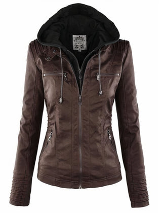 Women's PU Faux Leather Jacket | Stylish Moto Coat with Removable Hood 2