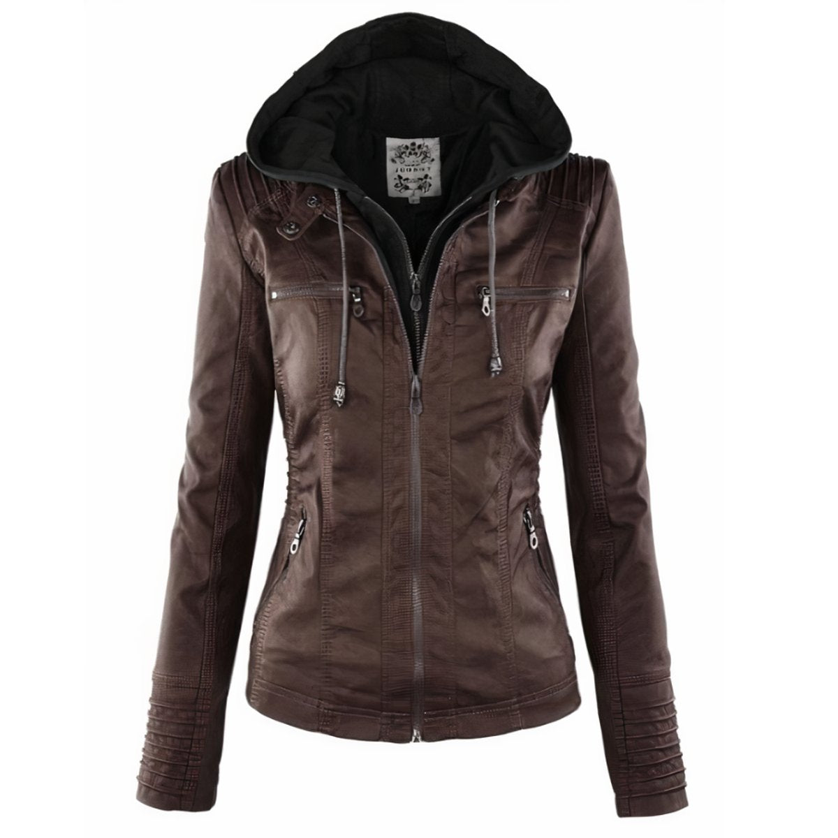 Women's PU Faux Leather Jacket | Stylish Moto Coat with Removable Hood 2