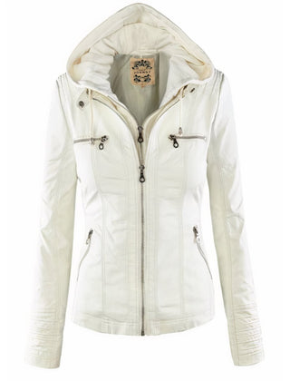 Women's PU Faux Leather Jacket | Stylish Moto Coat with Removable Hood 4