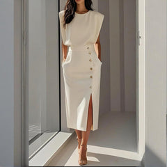 Women's Pastel Midi Dress | Elegant Tailored Cocktail Dress with Side Button Detail 0
