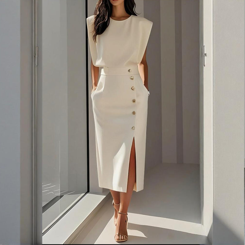 Women's Pastel Midi Dress | Elegant Tailored Cocktail Dress with Side Button Detail 0