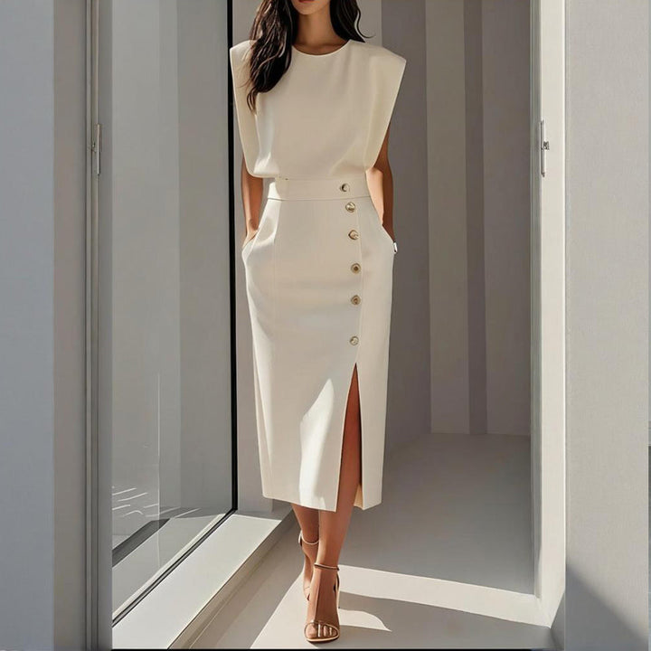 Women's Pastel Midi Dress | Elegant Tailored Cocktail Dress with Side Button Detail 0