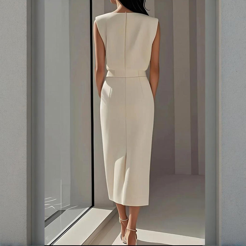 Women's Pastel Midi Dress | Elegant Tailored Cocktail Dress with Side Button Detail 1