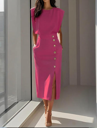 Women's Pastel Midi Dress | Elegant Tailored Cocktail Dress with Side Button Detail 5