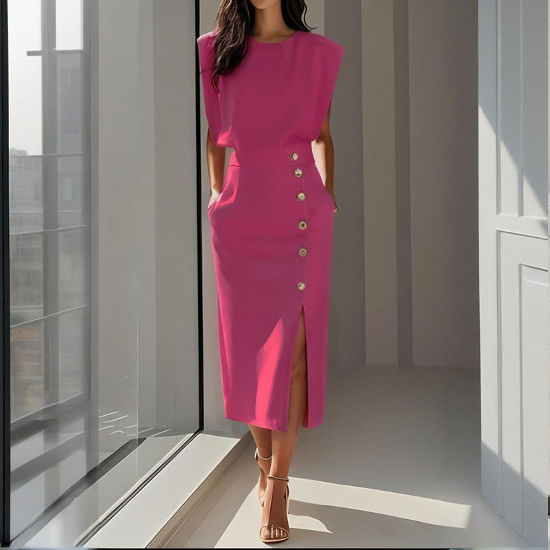 Women's Pastel Midi Dress | Elegant Tailored Cocktail Dress with Side Button Detail 5