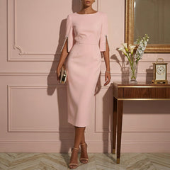 Women's Pearl-Embellished Midi Dress | Elegant Bodycon Style with Cape Sleeves 0
