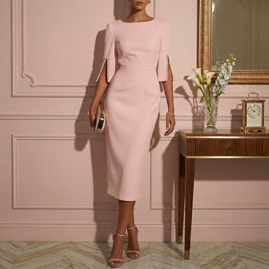 Women's Pearl-Embellished Midi Dress | Elegant Bodycon Style with Cape Sleeves 0