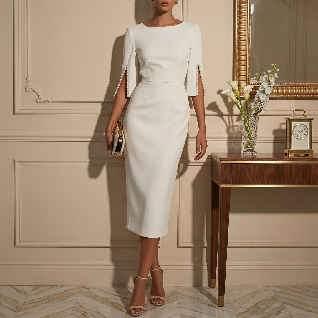 Women's Pearl-Embellished Midi Dress | Elegant Bodycon Style with Cape Sleeves 1