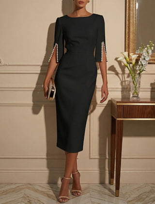 Women's Pearl-Embellished Midi Dress | Elegant Bodycon Style with Cape Sleeves 2