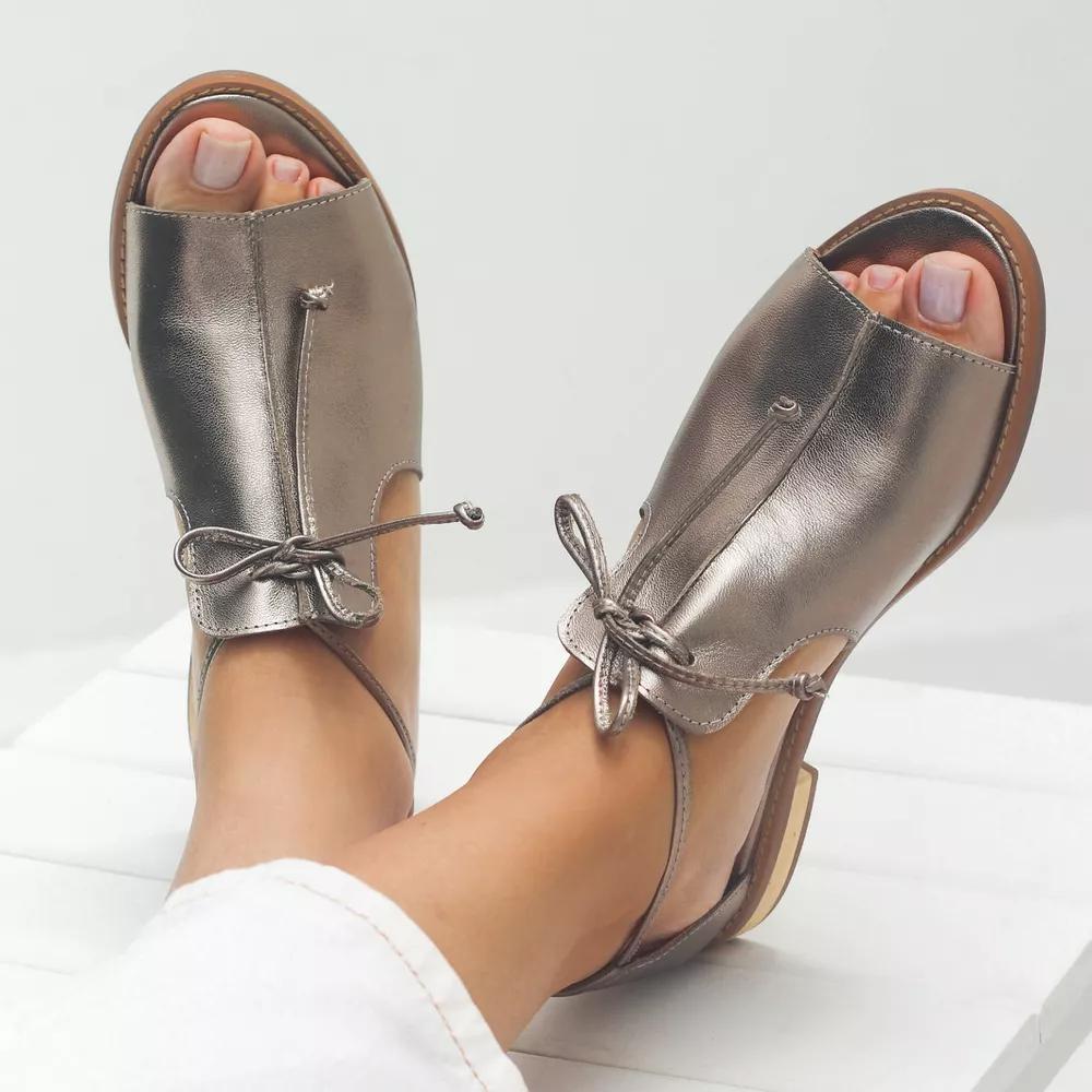Women's Pewter Metallic Open Toe Sandals | Elegant Bow Tie Flat Summer Shoes