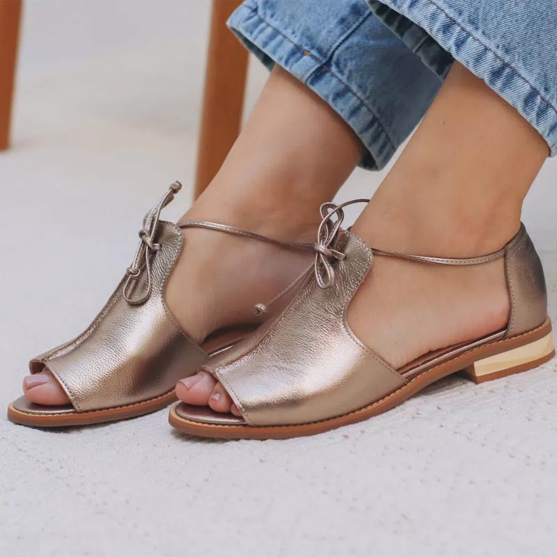 Women's Pewter Metallic Open Toe Sandals | Elegant Bow Tie Flat Summer Shoes