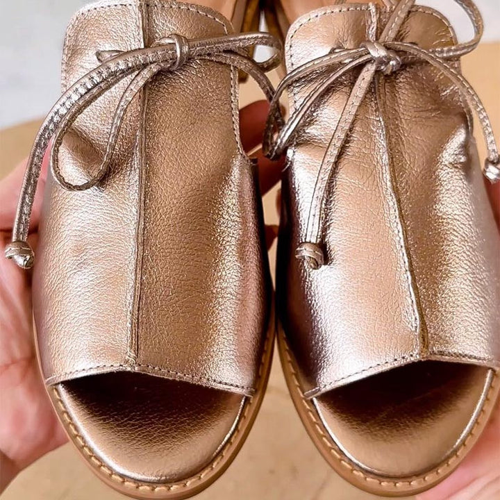 Women's Pewter Metallic Open Toe Sandals | Elegant Bow Tie Flat Summer Shoes