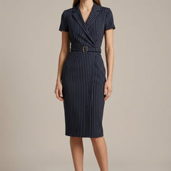 Women's Pinstripe Midi Dress | Elegant Tailored Pencil Dress with Belt & Side Pockets 0
