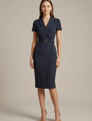 Women's Pinstripe Midi Dress | Elegant Tailored Pencil Dress with Belt & Side Pockets 0