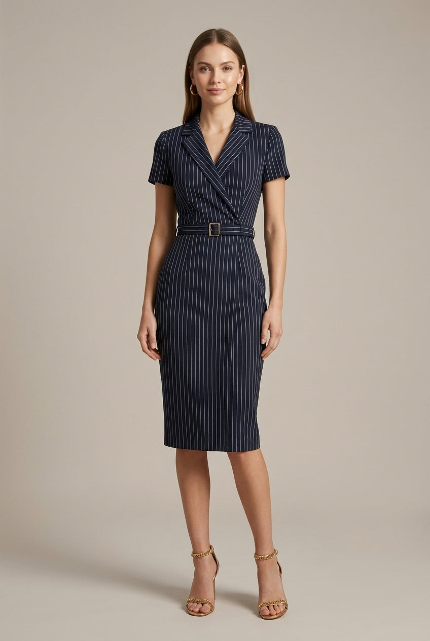 Women's Pinstripe Midi Dress | Elegant Tailored Pencil Dress with Belt & Side Pockets 0