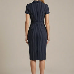 Women's Pinstripe Midi Dress | Elegant Tailored Pencil Dress with Belt & Side Pockets 2