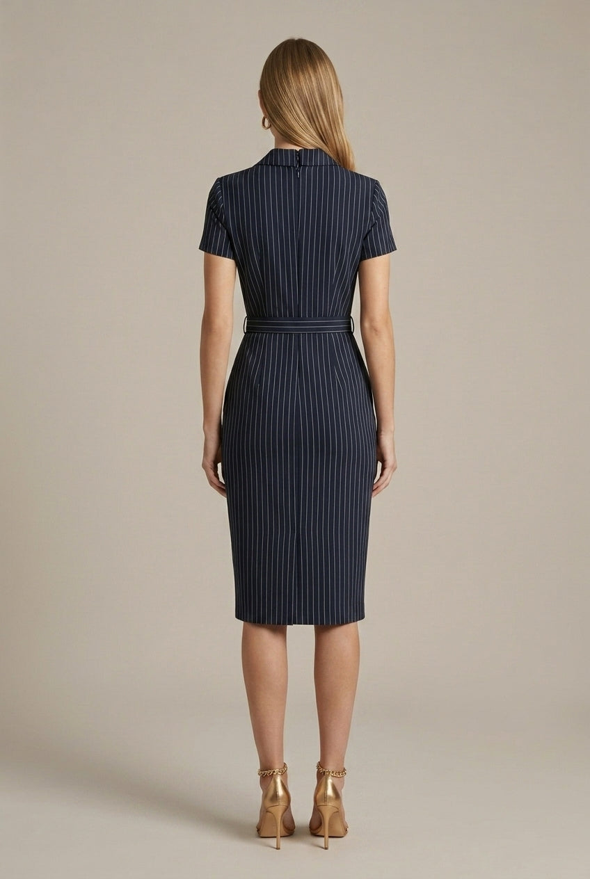 Women's Pinstripe Midi Dress | Elegant Tailored Pencil Dress with Belt & Side Pockets 2