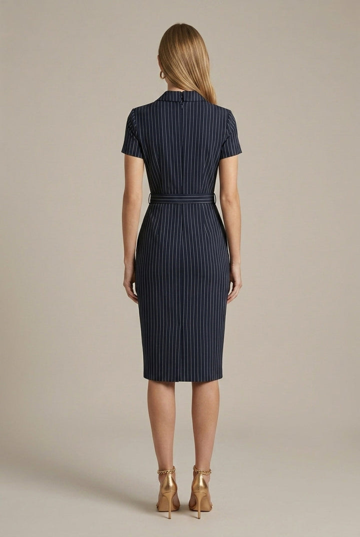 Women's Pinstripe Midi Dress | Elegant Tailored Pencil Dress with Belt & Side Pockets 2