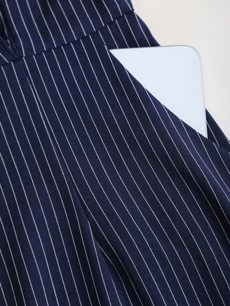 Women's Pinstripe Midi Dress | Elegant Tailored Pencil Dress with Belt & Side Pockets 3
