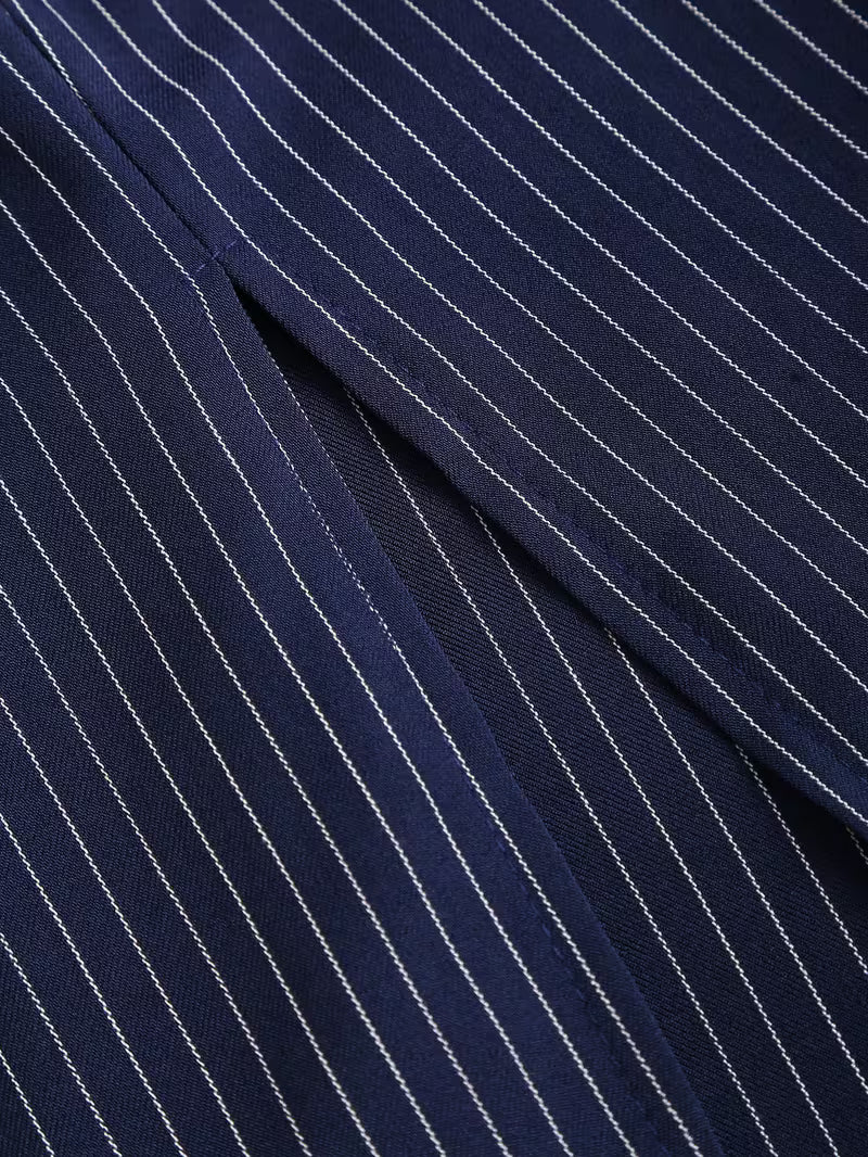 Women's Pinstripe Midi Dress | Elegant Tailored Pencil Dress with Belt & Side Pockets 5