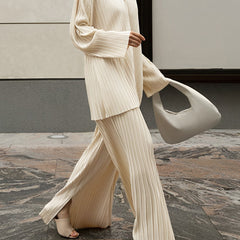 Women's Pleated Fabric Two Piece Set | Elegant Oversized Shirt & Wide-Leg Trousers 0