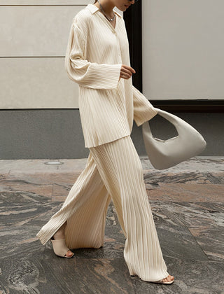 Women's Pleated Fabric Two Piece Set | Elegant Oversized Shirt & Wide-Leg Trousers 0