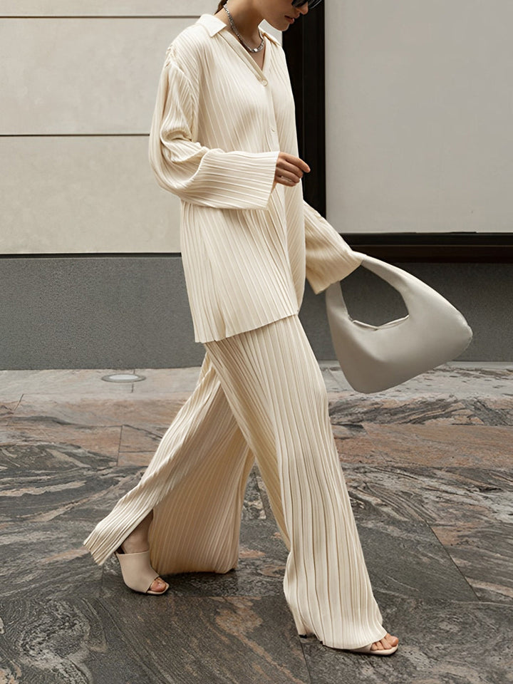Women's Pleated Fabric Two Piece Set | Elegant Oversized Shirt & Wide-Leg Trousers 0