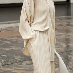 Women's Pleated Fabric Two Piece Set | Elegant Oversized Shirt & Wide-Leg Trousers 1