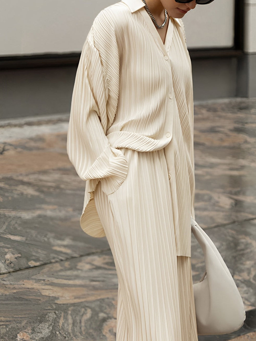 Women's Pleated Fabric Two Piece Set | Elegant Oversized Shirt & Wide-Leg Trousers 1