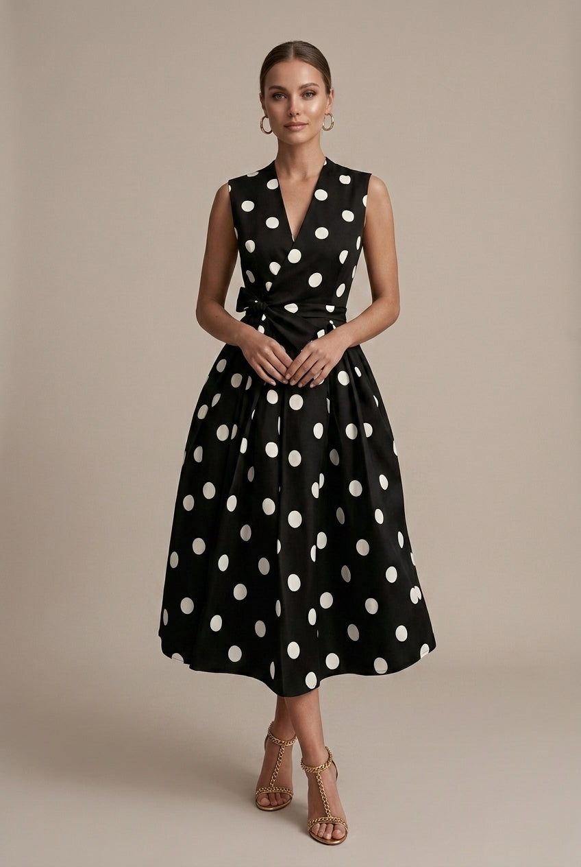 Women's Polka Dot Midi Dress | Elegant Sleeveless Summer Cocktail Dress