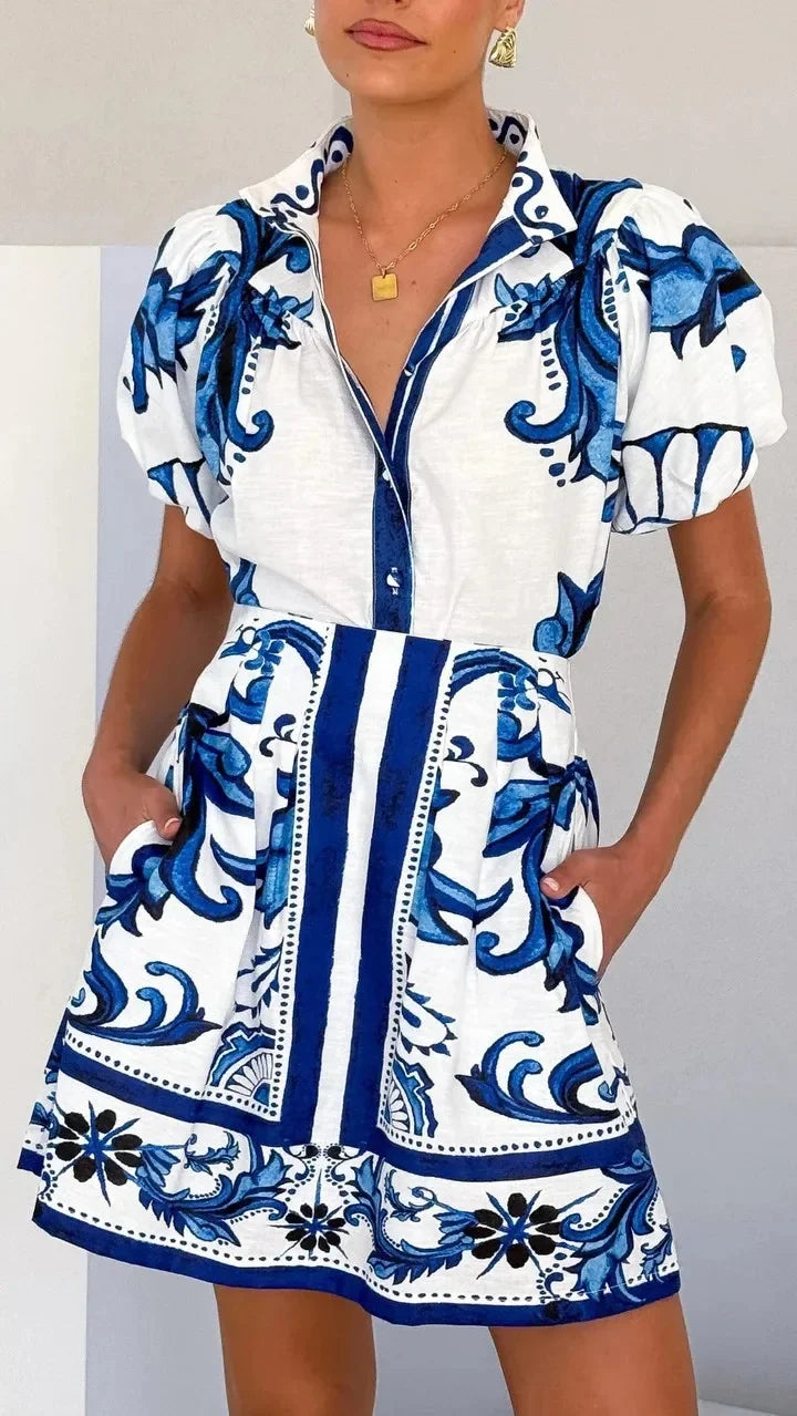 Women's Printed Mini Dress | Elegant Puff Sleeve Summer Cocktail Dress