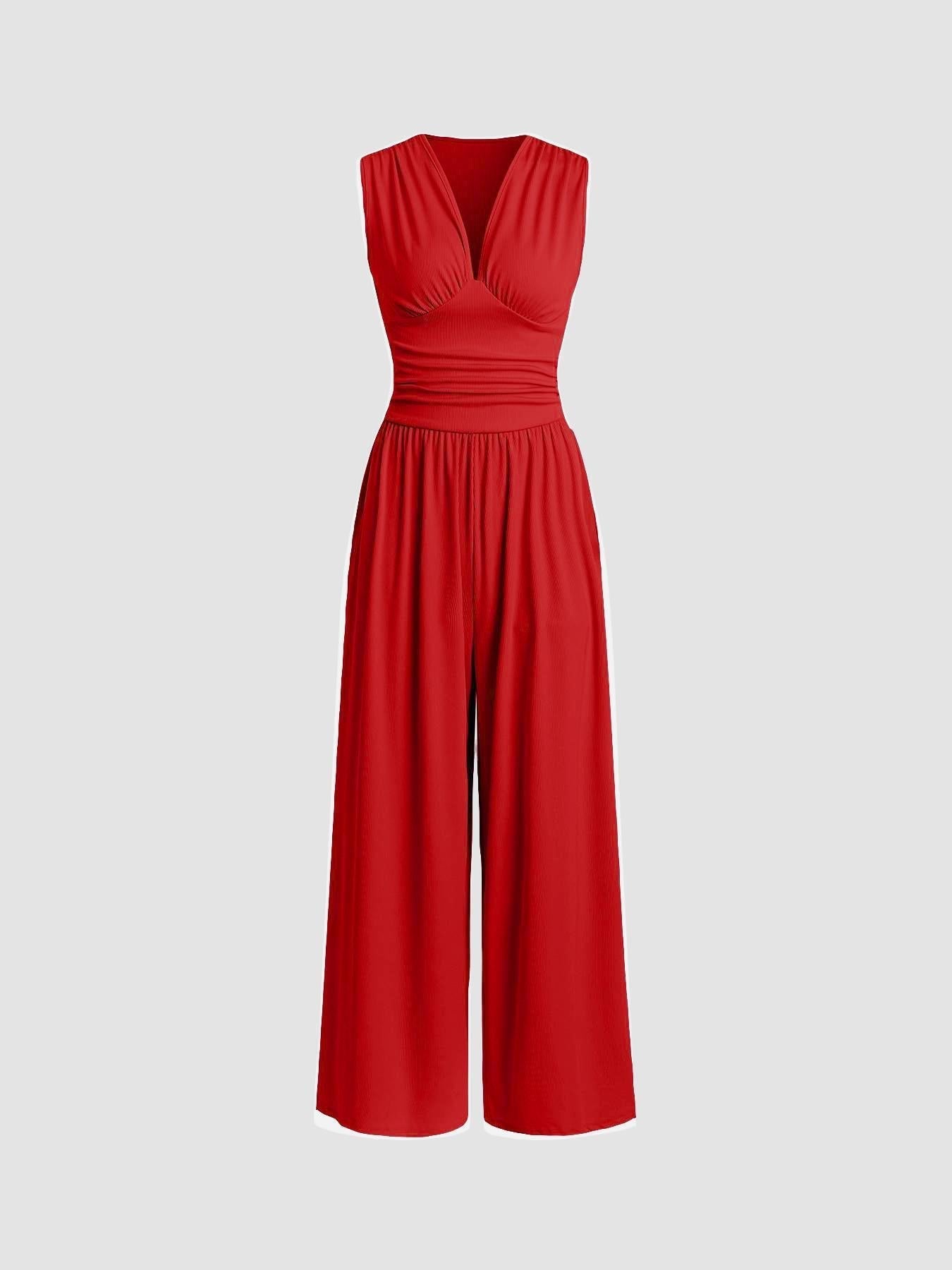 Women's Ribbed Fabric Jumpsuit | Elegant Sleeveless Wide-Leg Design 0