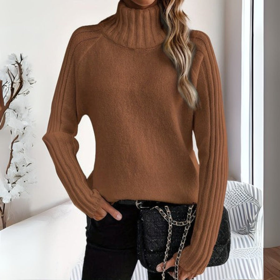 Women's Ribbed Knit Turtleneck Sweater | Relaxed Fit Long Sleeve Black Jumper 1