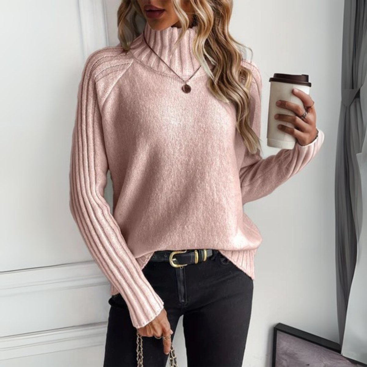 Women's Ribbed Knit Turtleneck Sweater | Relaxed Fit Long Sleeve Black Jumper 2