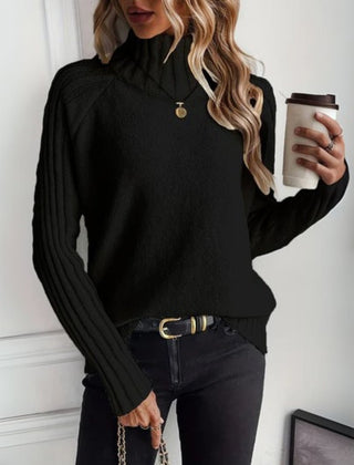 Women's Ribbed Knit Turtleneck Sweater | Relaxed Fit Long Sleeve Black Jumper 3