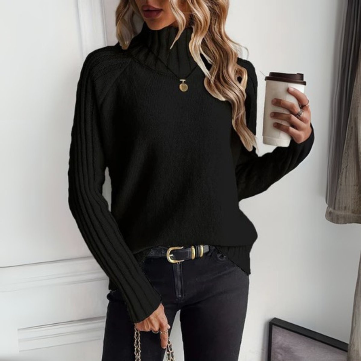 Women's Ribbed Knit Turtleneck Sweater | Relaxed Fit Long Sleeve Black Jumper 3
